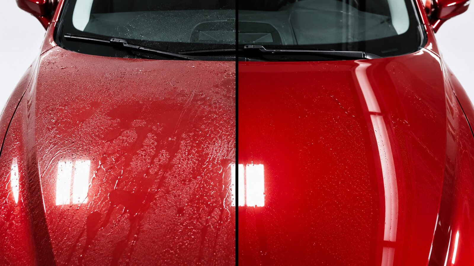 Red car hood split down the middle. Left half uncoated with water clinging and sheeting unevenly. Right half ceramic coated with water beading up and rolling off.